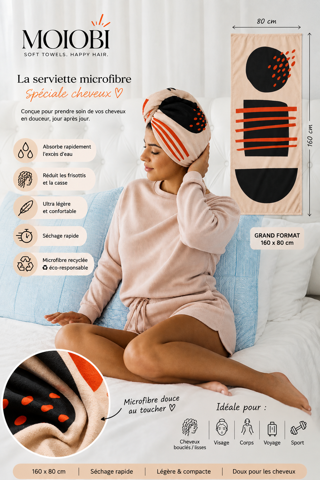 Serviette microfibre pour cheveux bouclés, sport & yoga – 80 × 160 cm